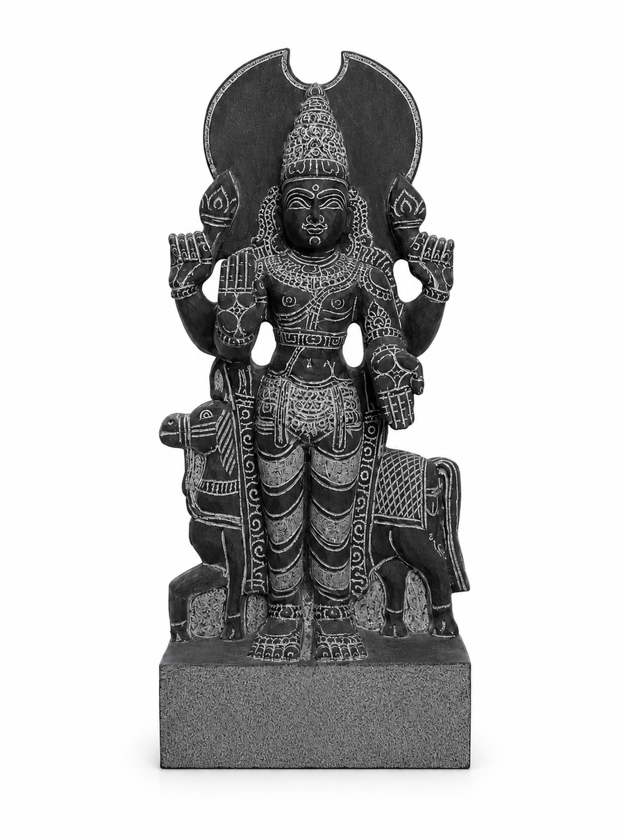 Hand-carved 1.25 ft Chandra Bhagavan statue in natural stone, product view 1 highlighting the Navagraha form and carved details.