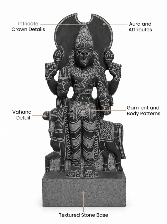 Hand-carved 1.25 ft Chandra Bhagavan statue in natural stone, product view 2 highlighting the Navagraha form and carved details.