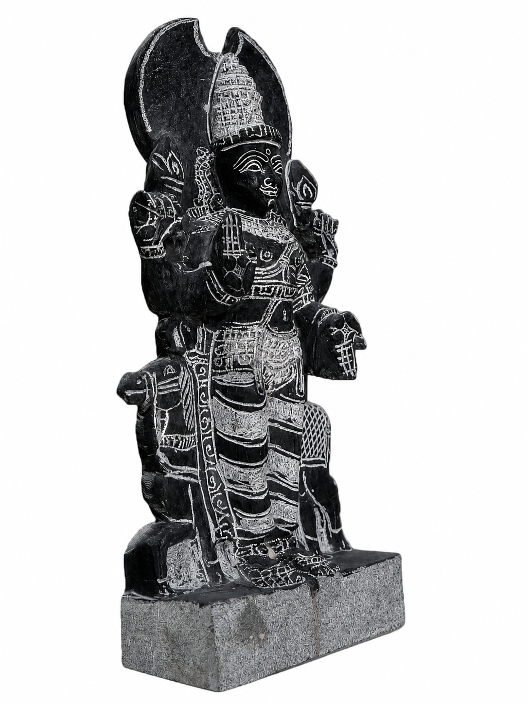Hand-carved 1.25 ft Chandra Bhagavan statue in natural stone, product view 3 highlighting the Navagraha form and carved details.