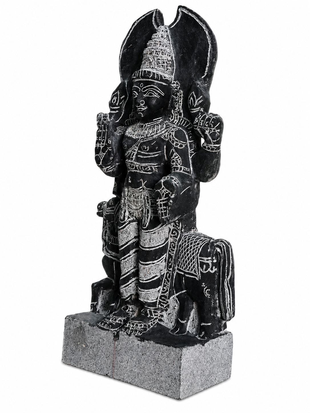 Hand-carved 1.25 ft Chandra Bhagavan statue in natural stone, product view 4 highlighting the Navagraha form and carved details.