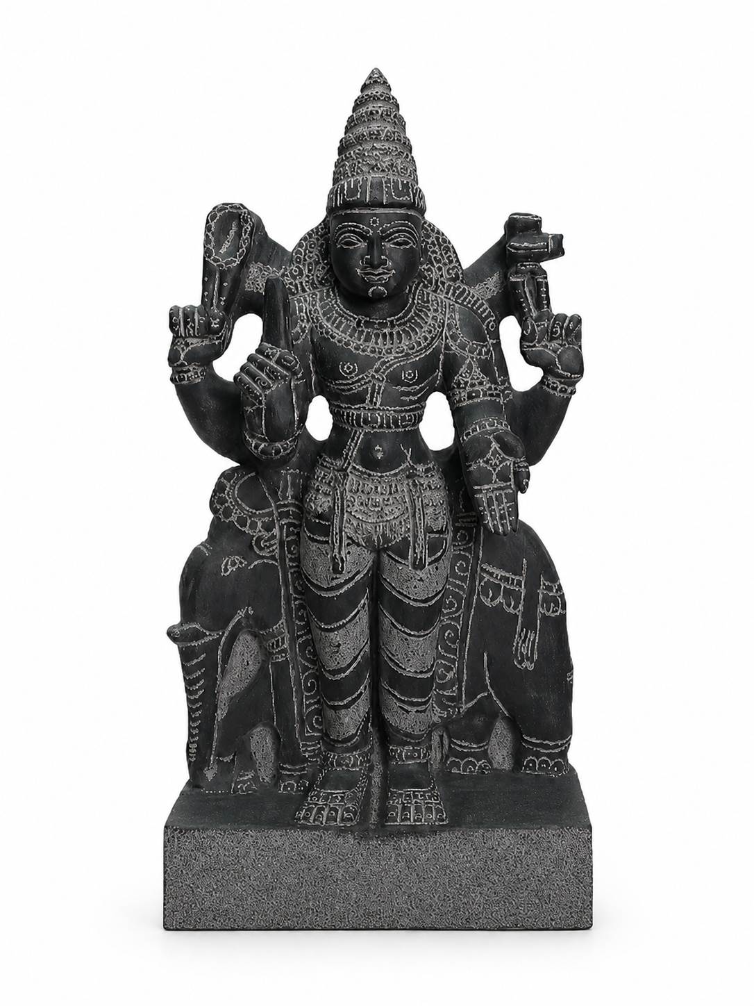 Hand-carved 1.25 ft Guru Bhagavan Navagraha statue in natural stone, product view 1 highlighting the planetary deity form and carved details.