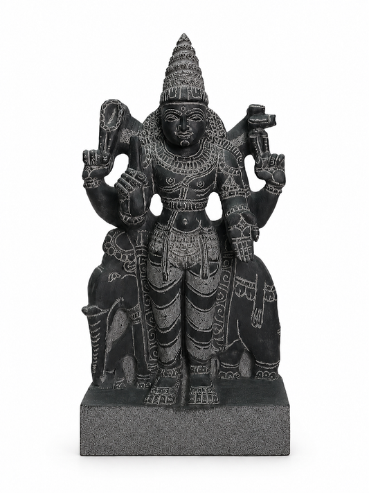 Hand-carved 1.25 ft Guru Bhagavan Navagraha statue in natural stone, product view 1 highlighting the planetary deity form and carved details.