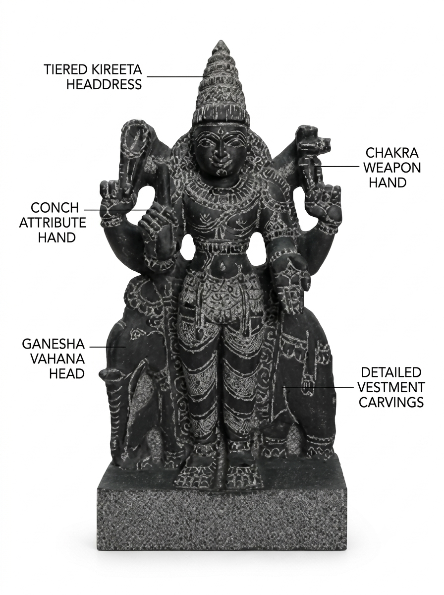 Hand-carved 1.25 ft Guru Bhagavan Navagraha statue in natural stone, product view 2 highlighting the planetary deity form and carved details.