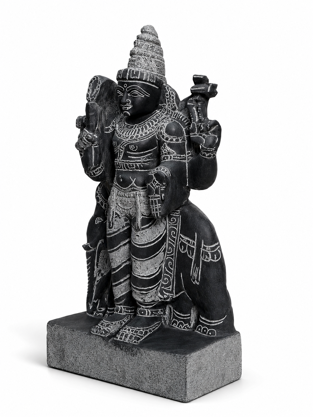 Hand-carved 1.25 ft Guru Bhagavan Navagraha statue in natural stone, product view 3 highlighting the planetary deity form and carved details.