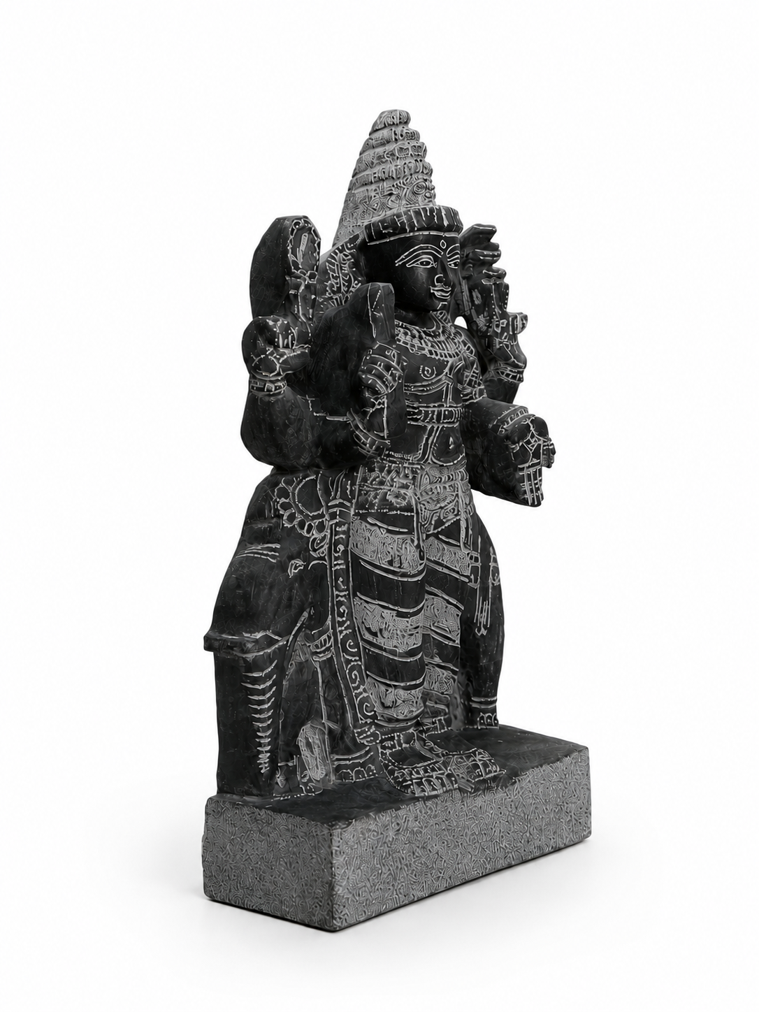 Hand-carved 1.25 ft Guru Bhagavan Navagraha statue in natural stone, product view 4 highlighting the planetary deity form and carved details.