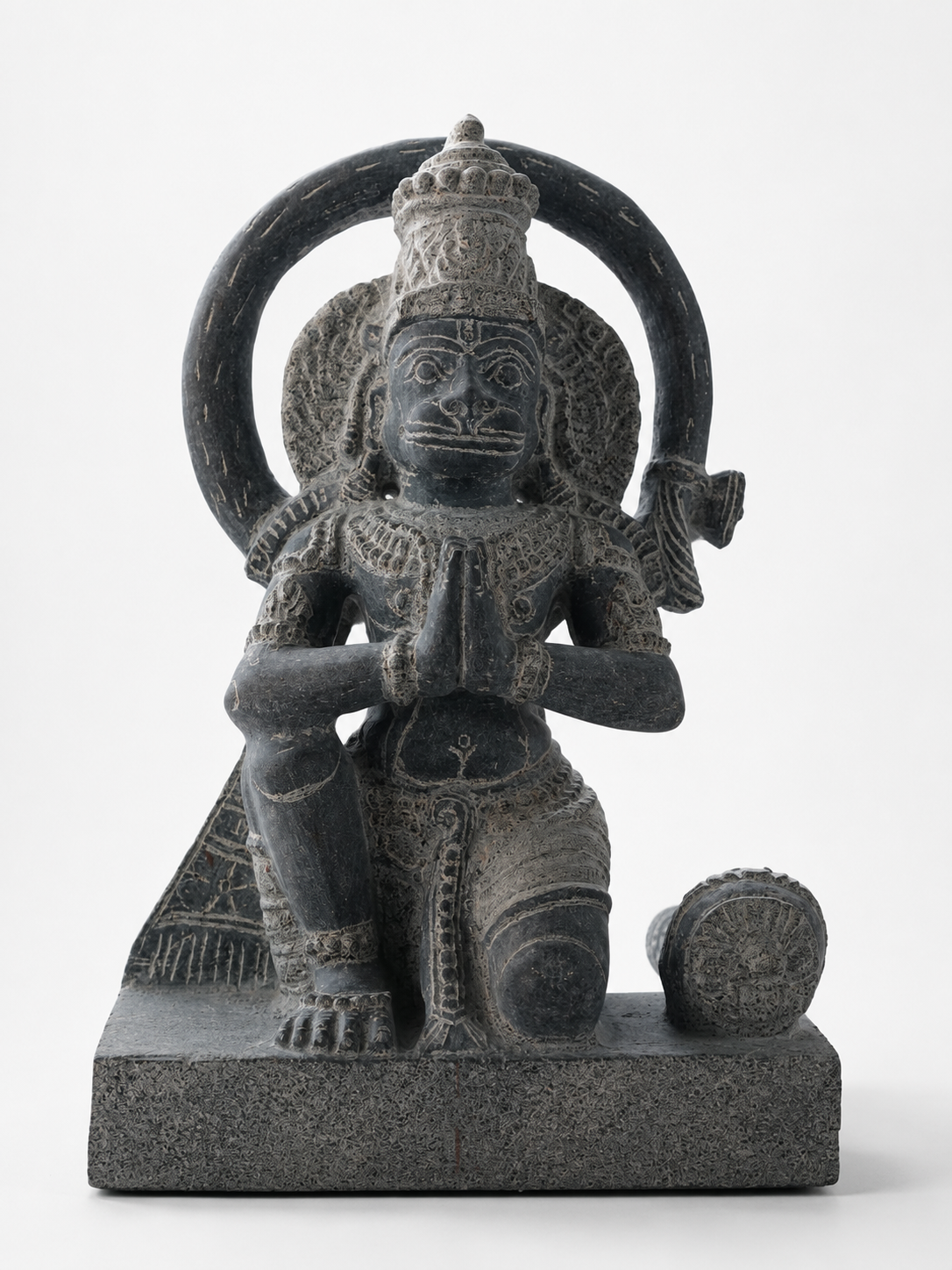 Hand-carved 1.25 ft Hanuman statue in natural stone, product view 1 highlighting the sculpture and carved details.