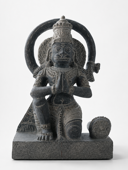 Hand-carved 1.25 ft Hanuman statue in natural stone, product view 1 highlighting the sculpture and carved details.