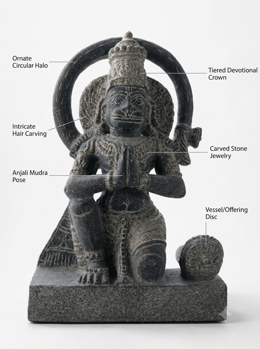 Hand-carved 1.25 ft Hanuman statue in natural stone, product view 2 highlighting the sculpture and carved details.