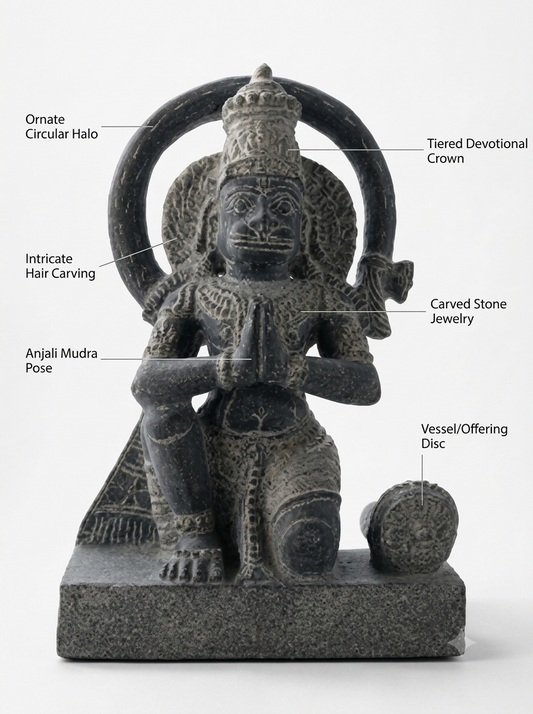 Hand-carved 1.25 ft Hanuman statue in natural stone, product view 2 highlighting the sculpture and carved details.