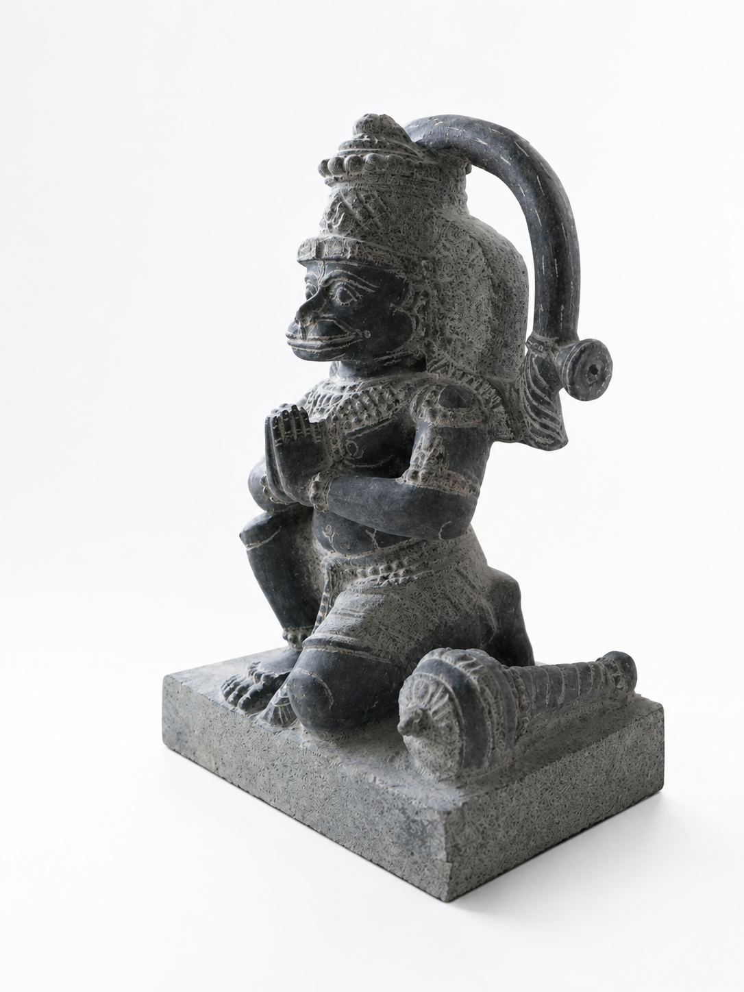 Hand-carved 1.25 ft Hanuman statue in natural stone, product view 3 highlighting the sculpture and carved details.