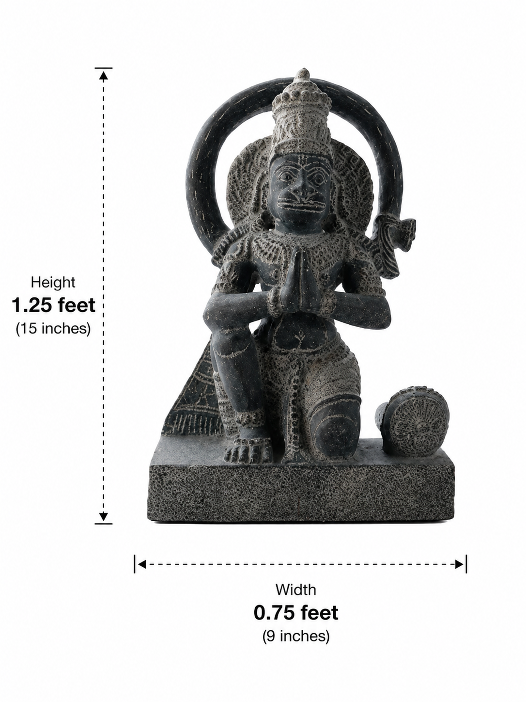 Hand-carved 1.25 ft Hanuman statue in natural stone, product view 5 highlighting the sculpture and carved details.