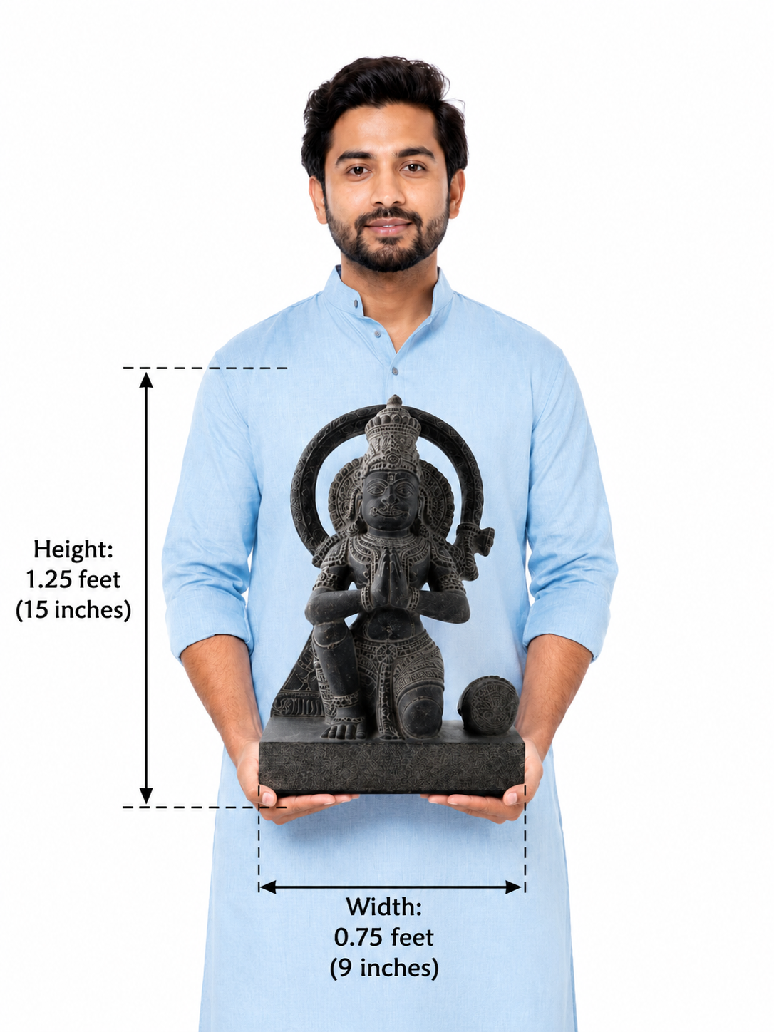 Hand-carved 1.25 ft Hanuman statue in natural stone, product view 6 highlighting the sculpture and carved details.