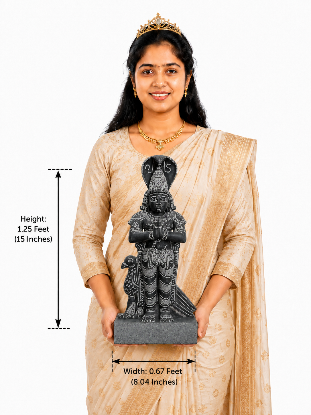 Hand-carved 1.25 ft Ketu Bhagavan Navagraha statue in polished black stone shown with an adult model for scale.