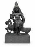 Hand-carved 1.25 ft Murugan with Mayil statue in natural stone, product view 1 highlighting the deity and peacock details.