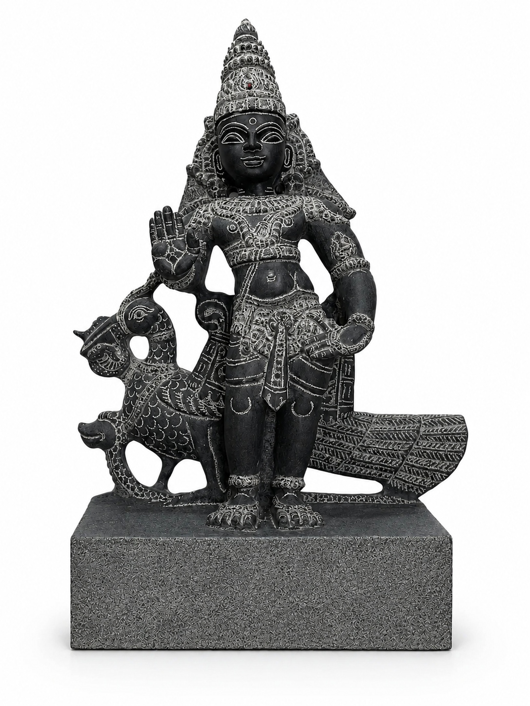 Hand-carved 1.25 ft Murugan with Mayil statue in natural stone, product view 1 highlighting the deity and peacock details.
