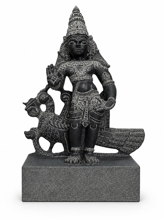 Hand-carved 1.25 ft Murugan with Mayil statue in natural stone, product view 1 highlighting the deity and peacock details.