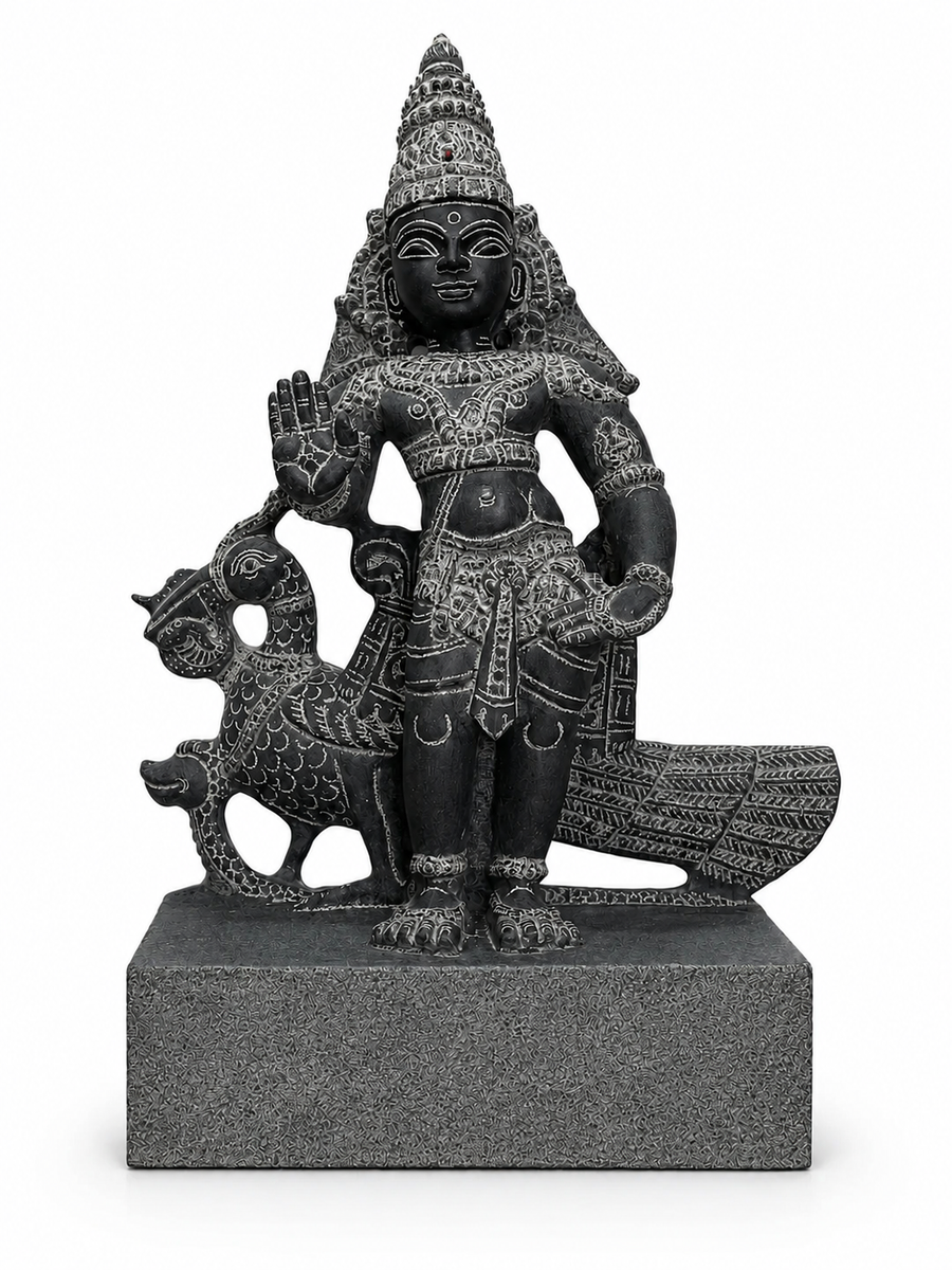 Hand-carved 1.25 ft Murugan with Mayil statue in natural stone, product view 1 highlighting the deity and peacock details.