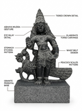 Hand-carved 1.25 ft Murugan with Mayil statue in natural stone, product view 2 highlighting the deity and peacock details.