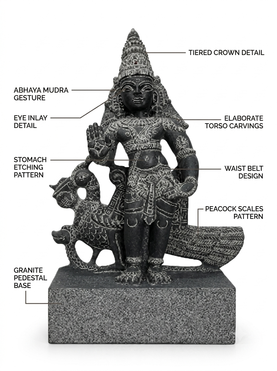 Hand-carved 1.25 ft Murugan with Mayil statue in natural stone, product view 2 highlighting the deity and peacock details.