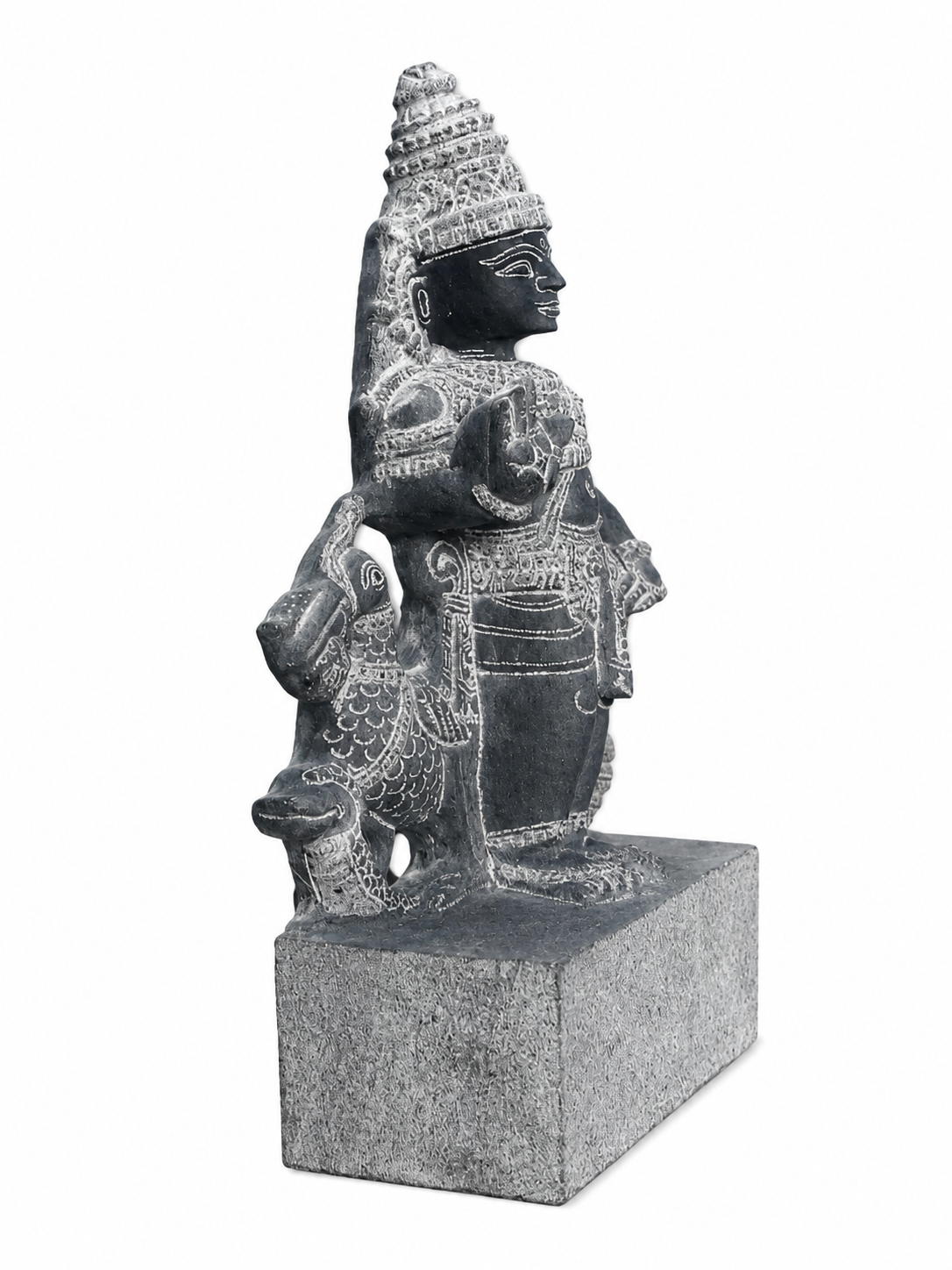 Hand-carved 1.25 ft Murugan with Mayil statue in natural stone, product view 3 highlighting the deity and peacock details.