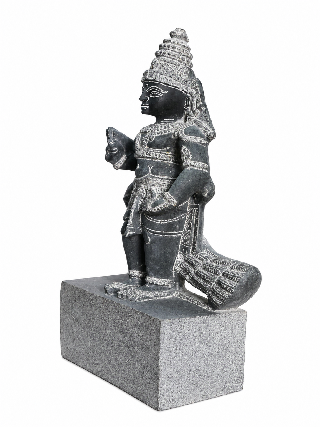 Hand-carved 1.25 ft Murugan with Mayil statue in natural stone, product view 4 highlighting the deity and peacock details.