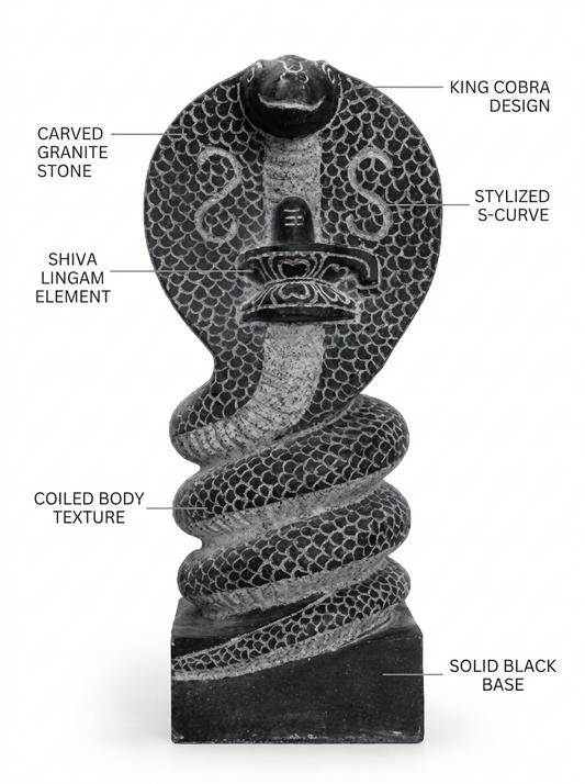 Hand-carved 1.25 ft Naga Shiva Lingam statue in natural stone, product view 2 highlighting the serpent and lingam form.