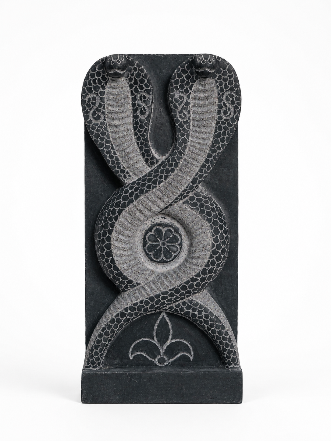 Hand-carved 1.25 ft Nagaraja and Nagini serpent pair in natural stone, product view 1 highlighting the paired figures and carved details.