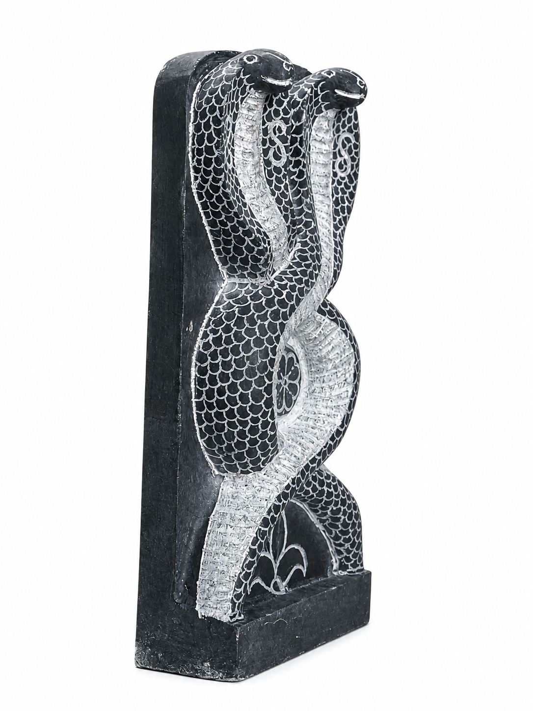 Hand-carved 1.25 ft Nagaraja and Nagini serpent pair in natural stone, product view 3 highlighting the paired figures and carved details.
