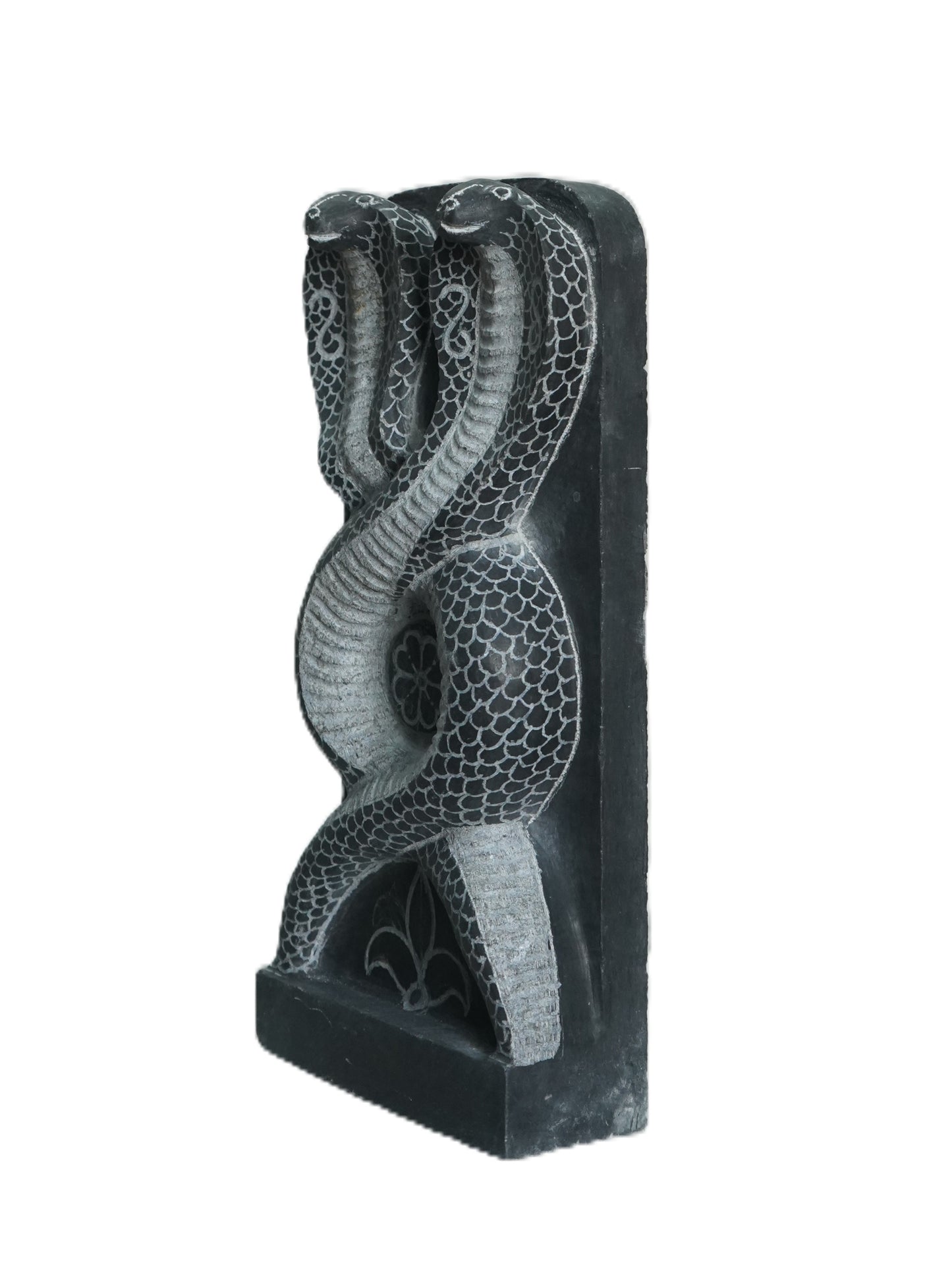 Hand-carved 1.25 ft Nagaraja and Nagini serpent pair in natural stone, product view 4 highlighting the paired figures and carved details.