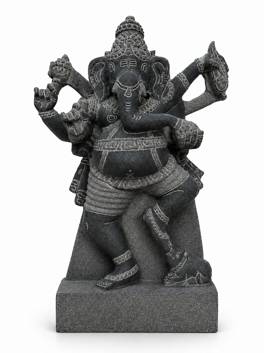 Hand-carved 1.25 ft Nritya Ganesha statue in natural stone, product view 1 highlighting the dancing pose and carved details.