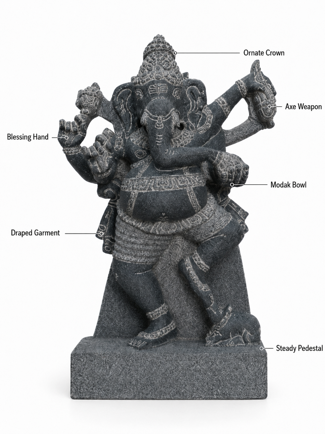 Hand-carved 1.25 ft Nritya Ganesha statue in natural stone, product view 2 highlighting the dancing pose and carved details.