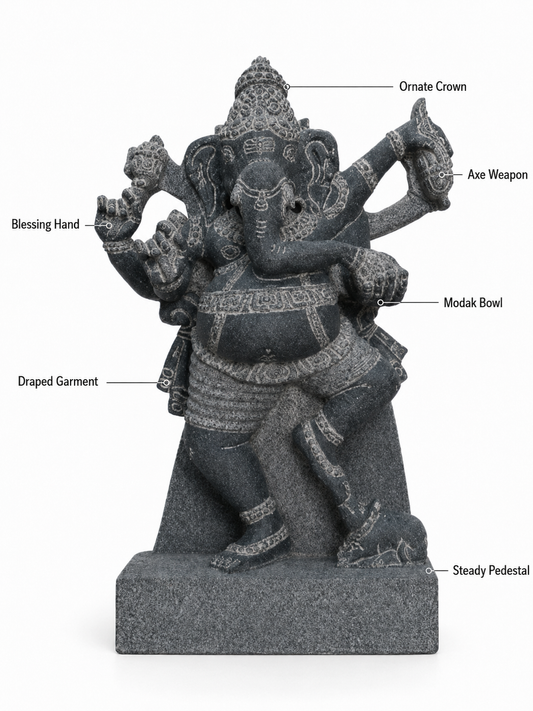Hand-carved 1.25 ft Nritya Ganesha statue in natural stone, product view 2 highlighting the dancing pose and carved details.