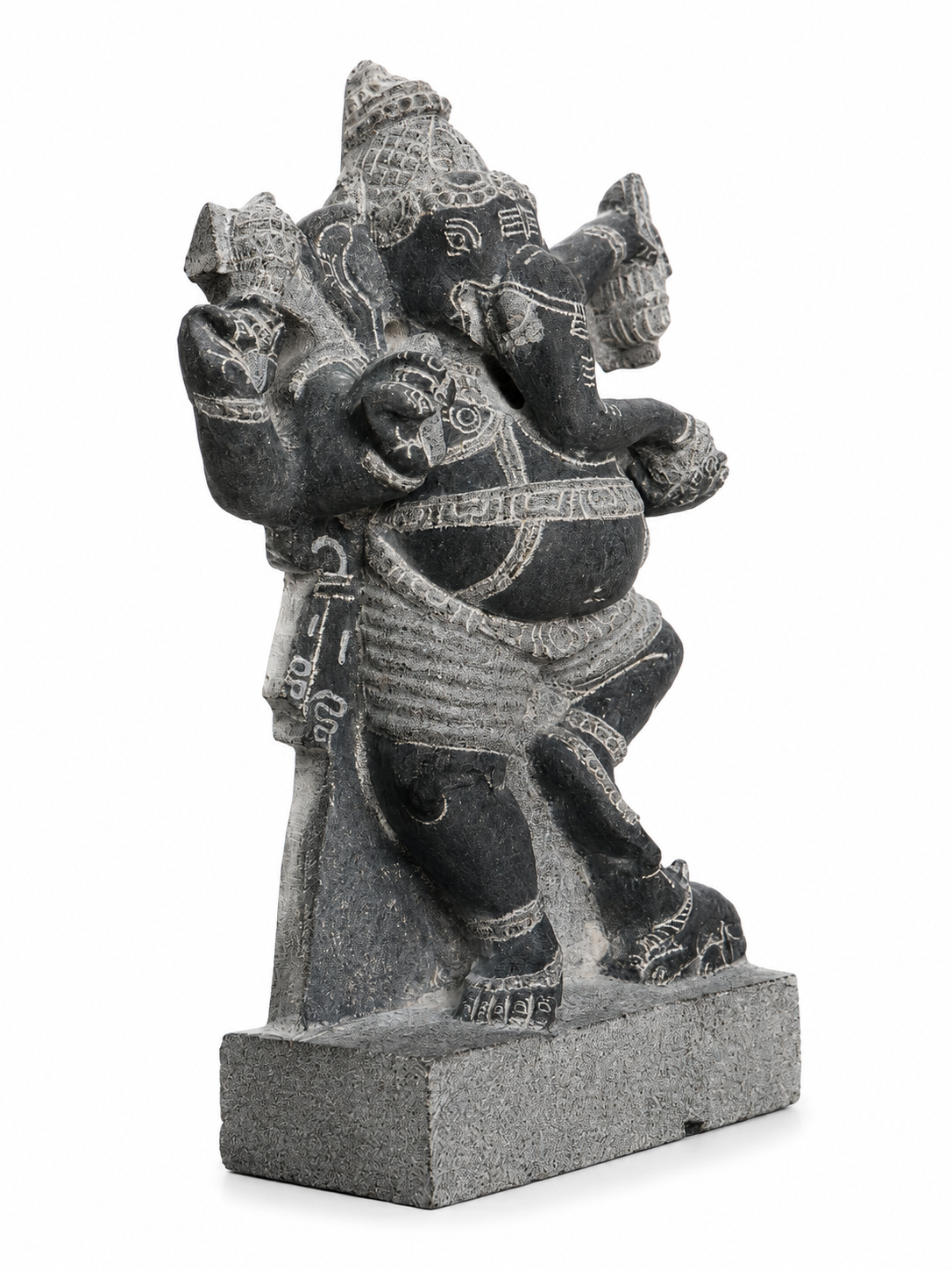 Hand-carved 1.25 ft Nritya Ganesha statue in natural stone, product view 4 highlighting the dancing pose and carved details.