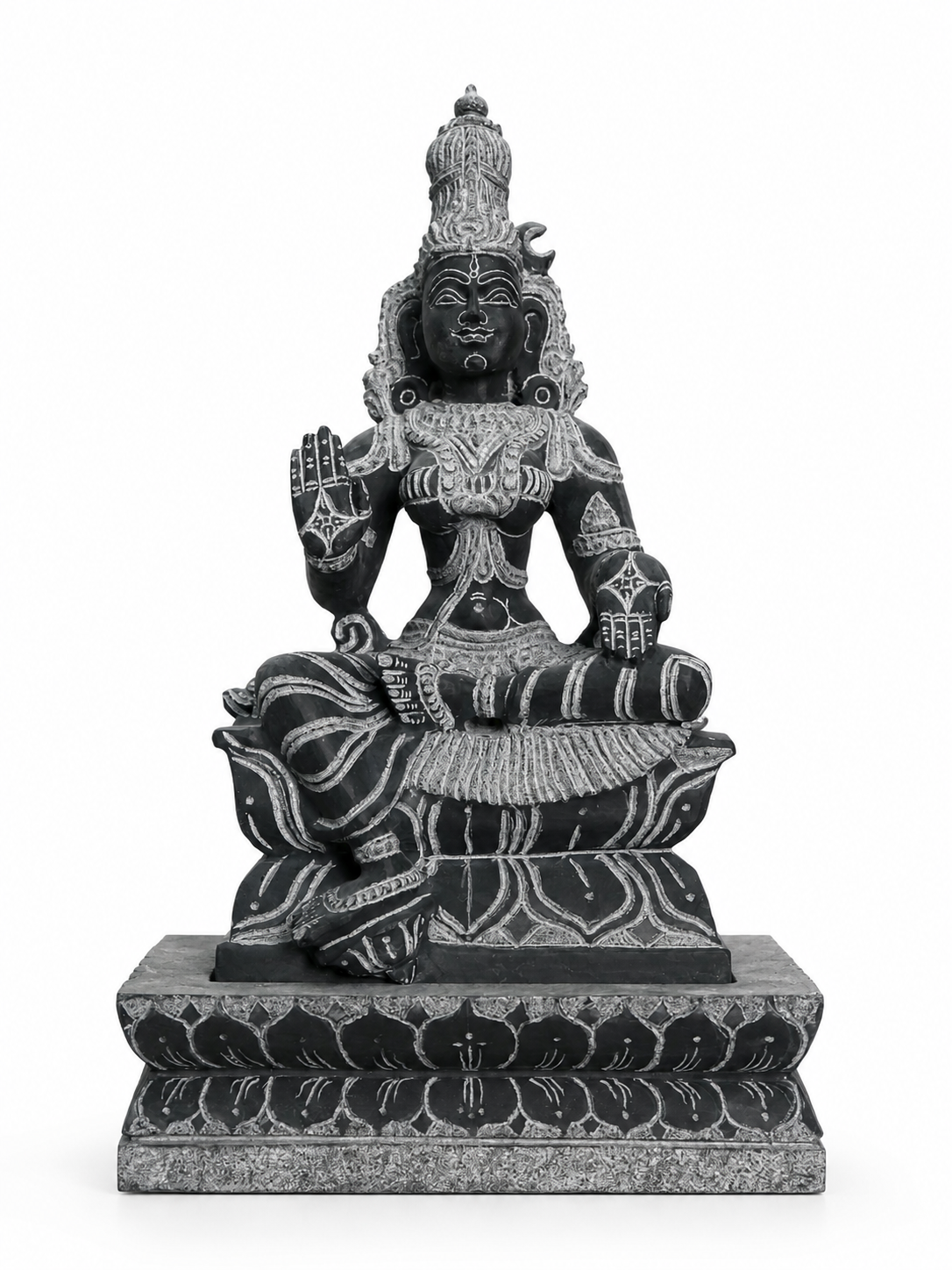 Hand-carved 1.25 ft Parvati Devi statue in natural stone, product view 1 highlighting the sculpture and carved details.