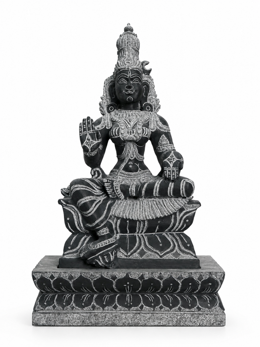 Hand-carved 1.25 ft Parvati Devi statue in natural stone, product view 1 highlighting the sculpture and carved details.