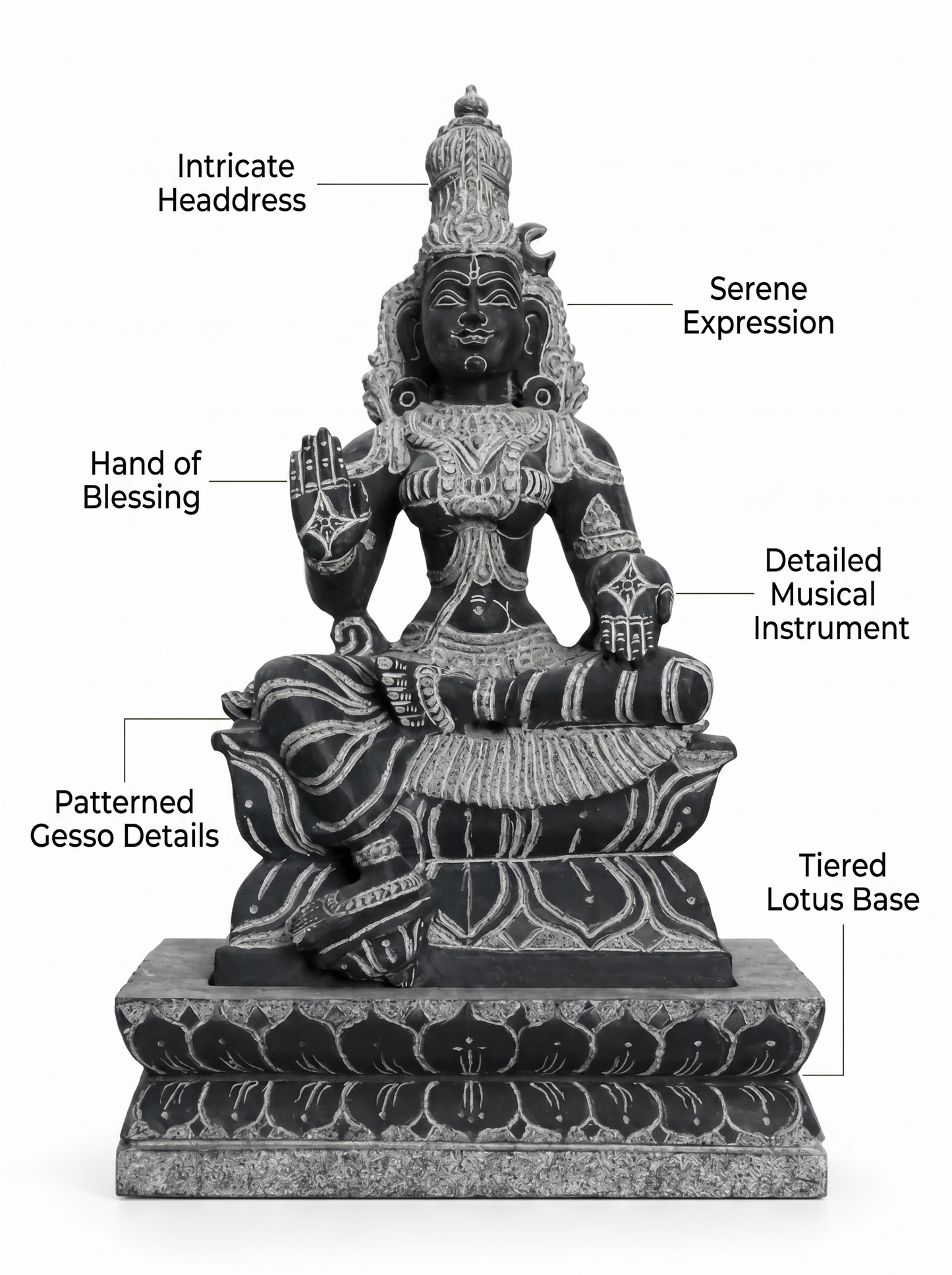 Hand-carved 1.25 ft Parvati Devi statue in natural stone, product view 2 highlighting the sculpture and carved details.