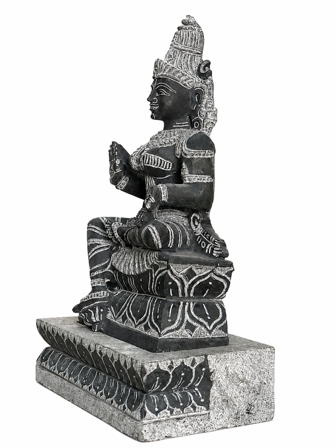 Hand-carved 1.25 ft Parvati Devi statue in natural stone, product view 4 highlighting the sculpture and carved details.