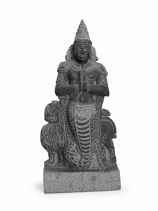 Hand-carved 1.25 ft Rahu Bhagavan statue in natural stone, product view 1 highlighting the Navagraha form and carved details.