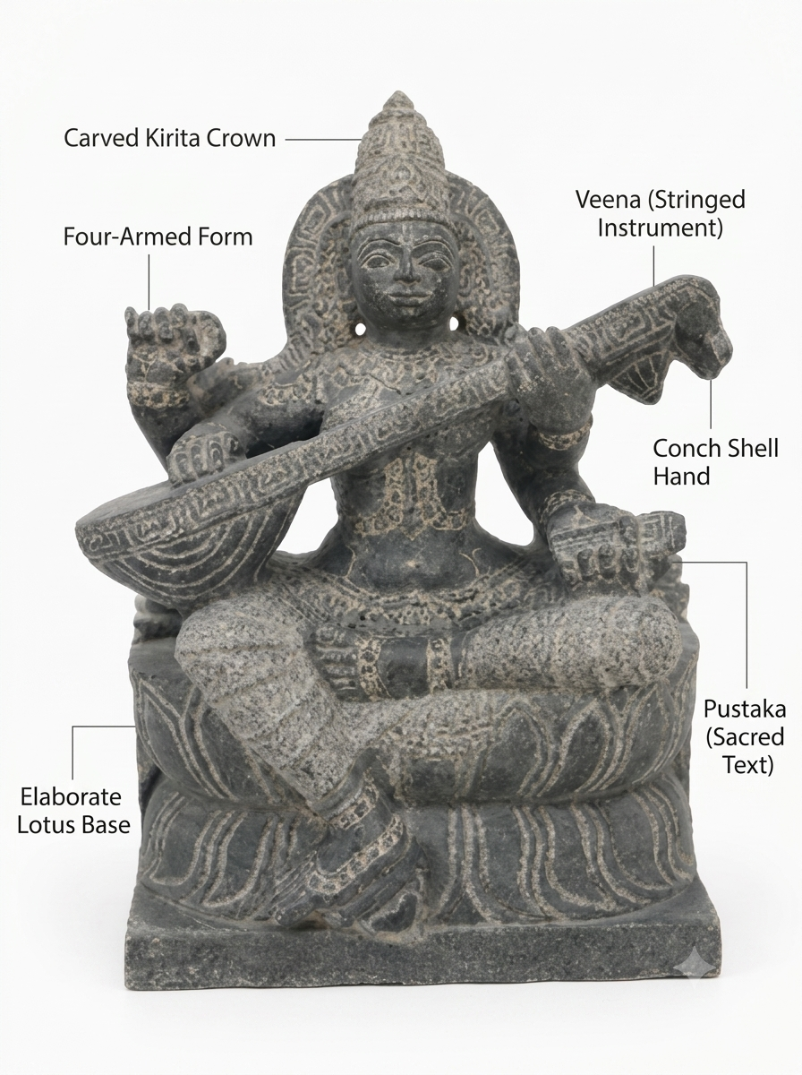 Hand-carved 1.25 ft Saraswathi Devi statue in natural stone, product view 2 highlighting the sculpture and carved details.