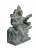 Hand-carved 1.25 ft Saraswathi Devi statue in natural stone, product view 3 highlighting the sculpture and carved details.