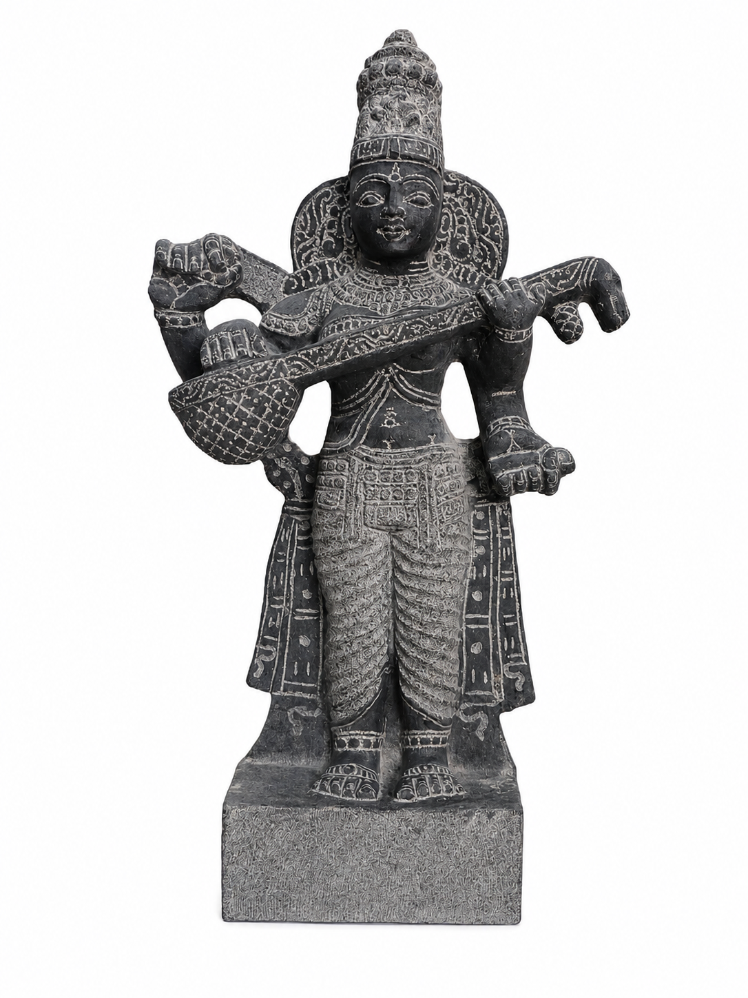 Hand-carved 1.25 ft Saraswati statue in natural stone, product view 1 highlighting the goddess form and carved details.