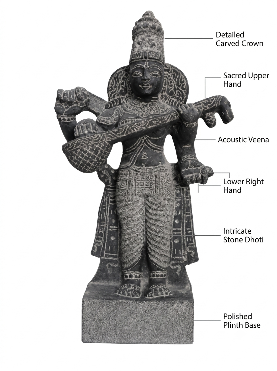 Hand-carved 1.25 ft Saraswati statue in natural stone, product view 2 highlighting the goddess form and carved details.