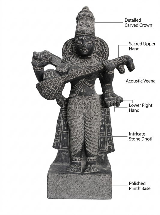 Hand-carved 1.25 ft Saraswati statue in natural stone, product view 2 highlighting the goddess form and carved details.
