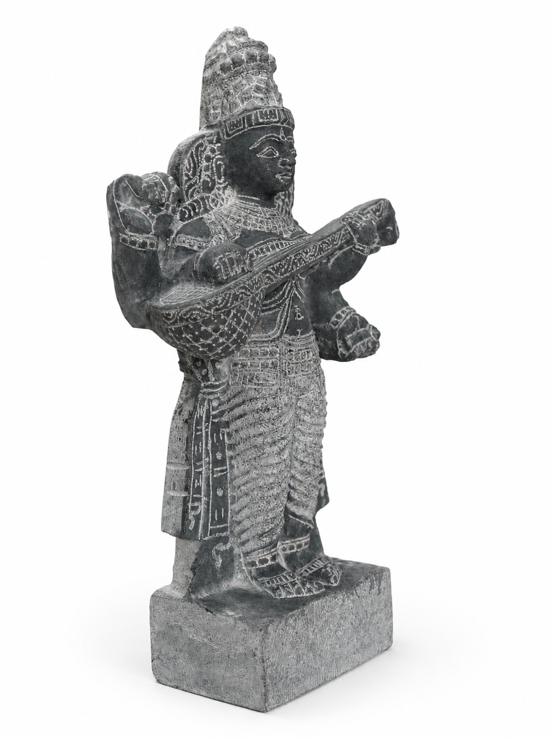 Hand-carved 1.25 ft Saraswati statue in natural stone, product view 3 highlighting the goddess form and carved details.