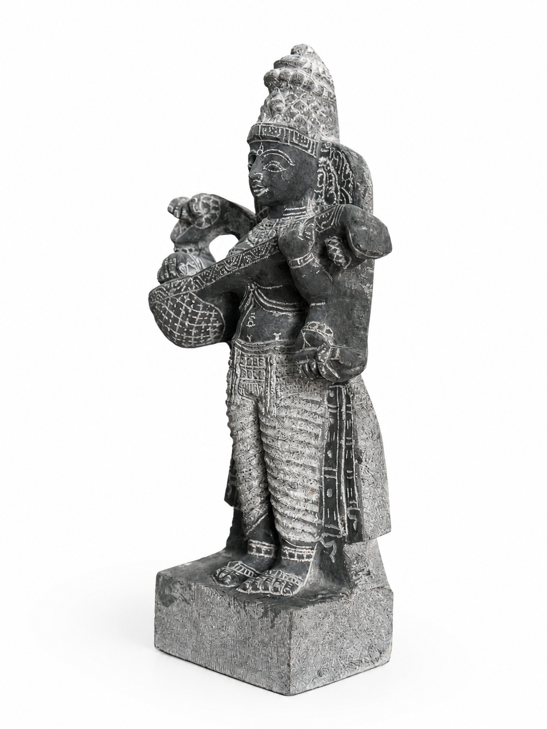 Hand-carved 1.25 ft Saraswati statue in natural stone, product view 4 highlighting the goddess form and carved details.