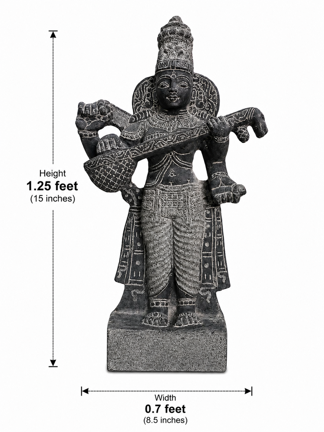 Hand-carved 1.25 ft Saraswati statue in natural stone, product view 5 highlighting the goddess form and carved details.