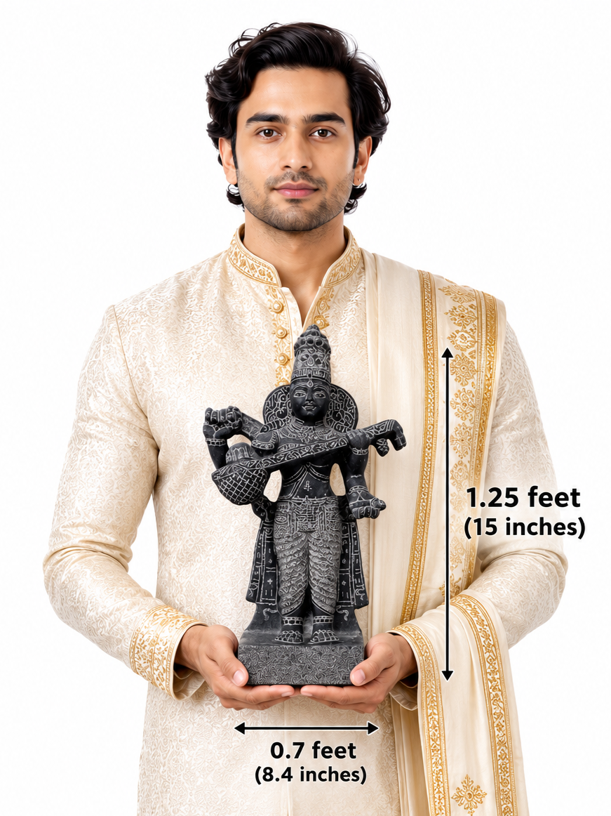 Hand-carved 1.25 ft Saraswati statue in natural stone, product view 6 highlighting the goddess form and carved details.