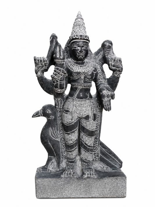 Hand-carved 1.25 ft Shani Bhagavan Navagraha statue in natural stone, product view 1 highlighting the planetary deity form and carved details.