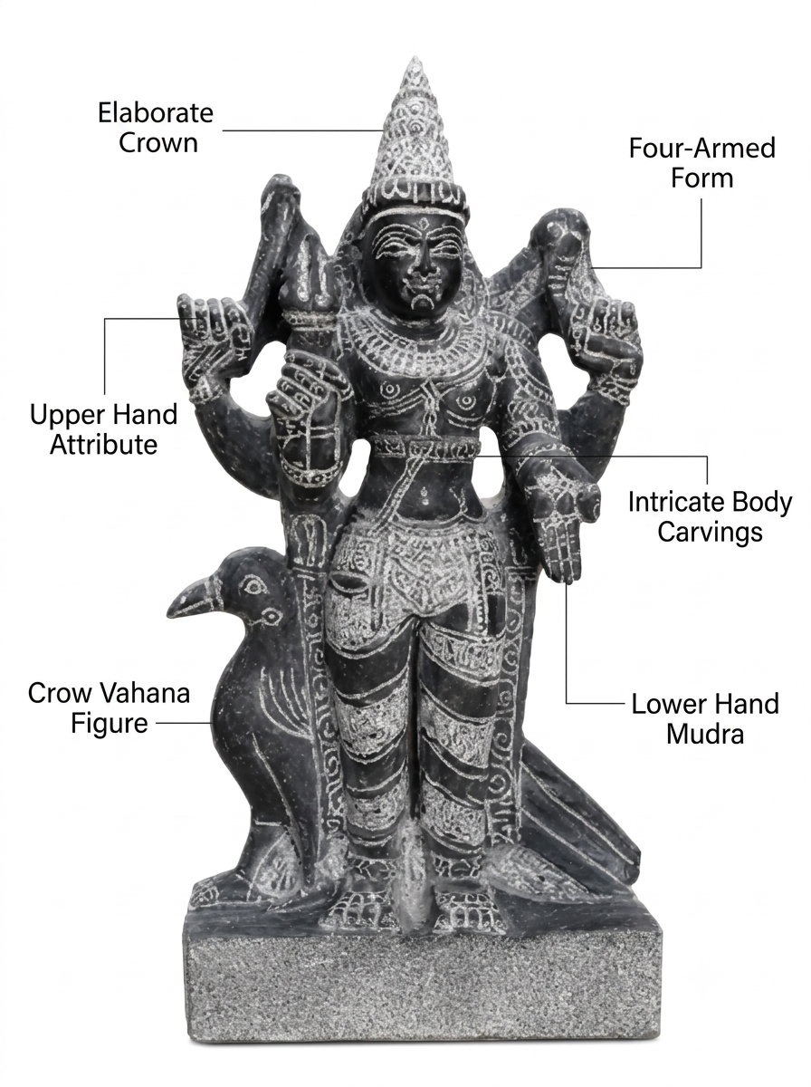 Hand-carved 1.25 ft Shani Bhagavan Navagraha statue in natural stone, product view 2 highlighting the planetary deity form and carved details.
