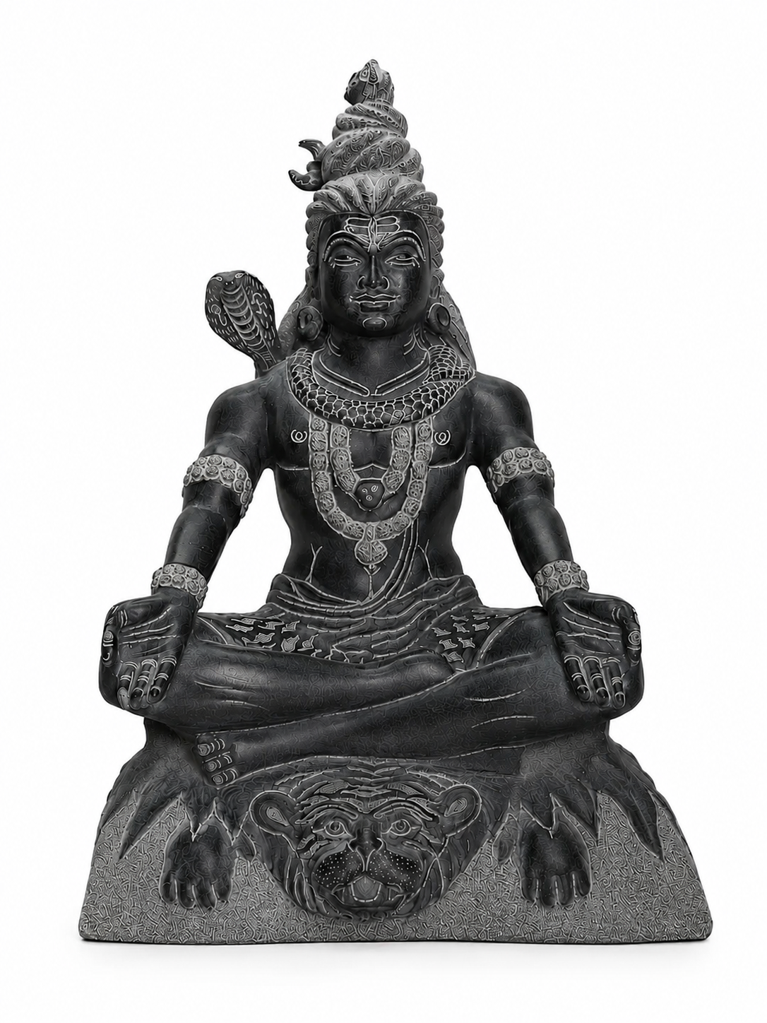 Hand-carved 1.25 ft Shiva statue in natural stone, product view 1 highlighting the yogic form and carved details.